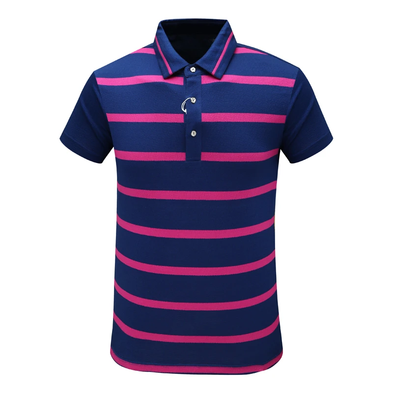 MY281美尔男式夏季短袖T恤 桑蚕丝翻领套头休闲商务上衣 紫蓝条纹