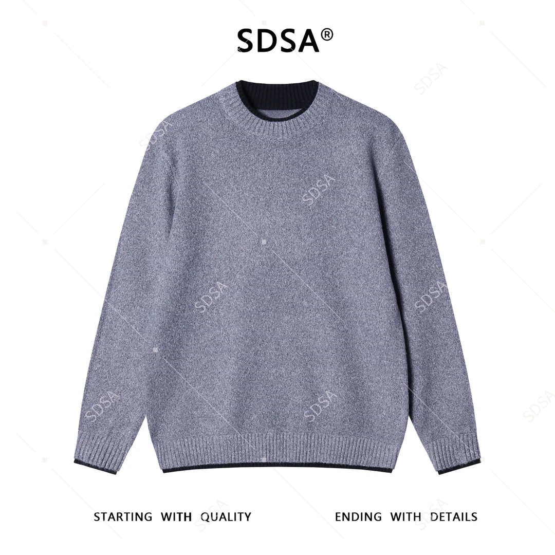 SDSA秋冬新款痞帅男装韩版简约撞色假两件圆领针织衫慵懒风毛衣
