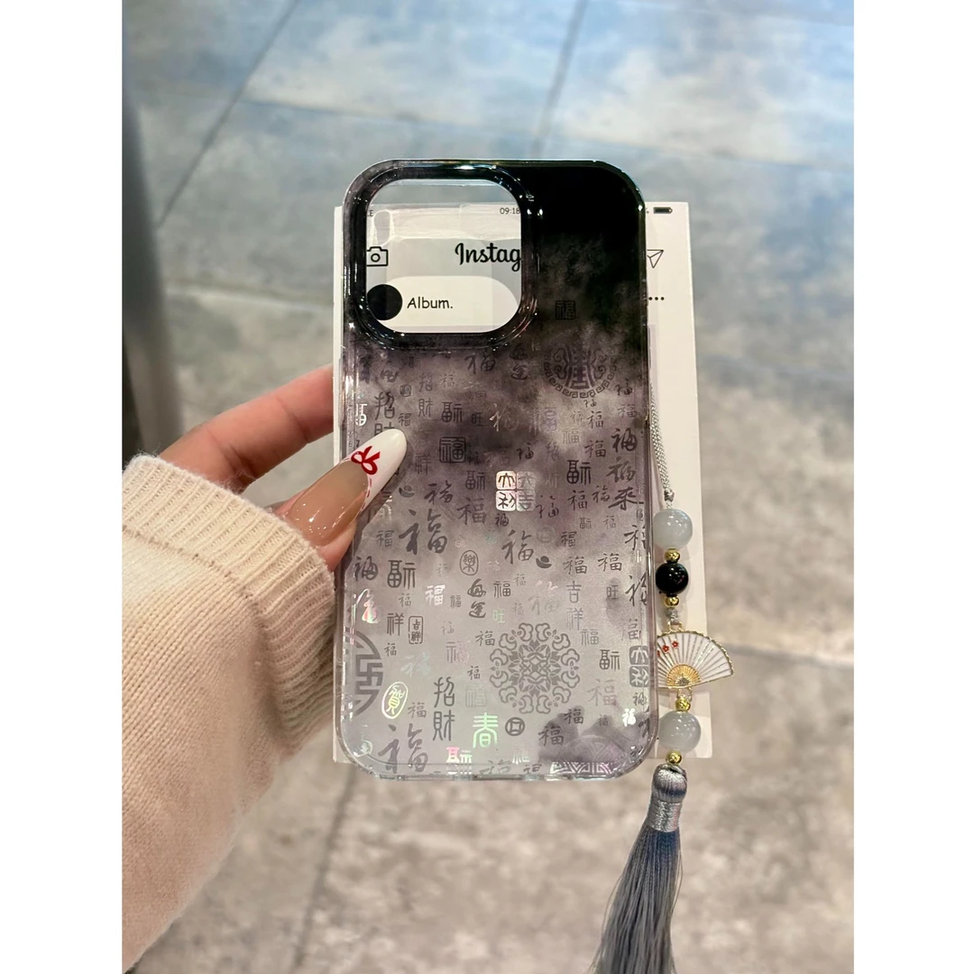 水墨黑百福图适用苹果16promax手机壳iPhone15/14/13新款12防摔11