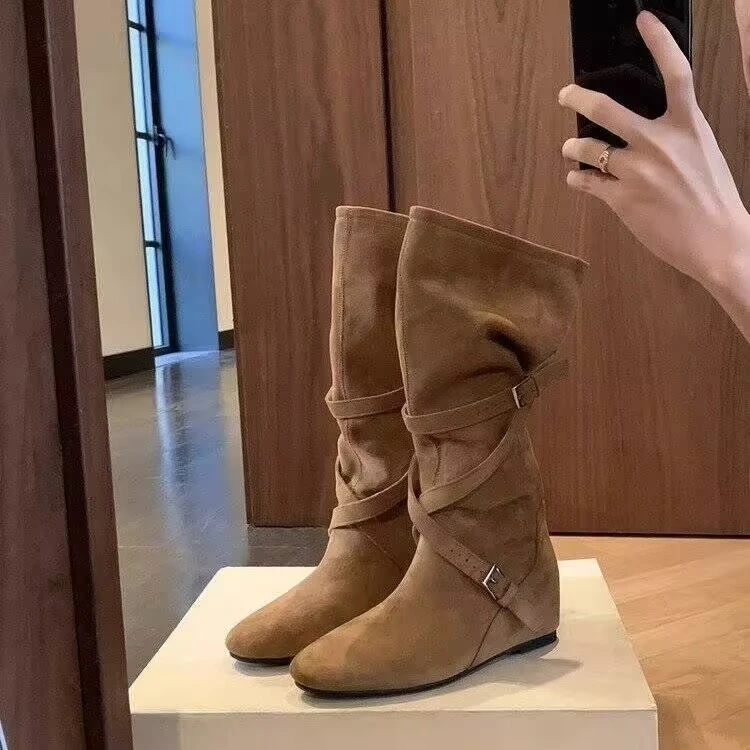美拉德早秋长筒靴子女爆款2025新款洋气堆堆靴中筒百搭内增高女靴