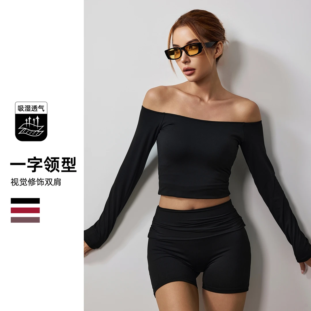 fitlife健身套装女一字领修身速干普拉提短袖修身裸感透气瑜伽服