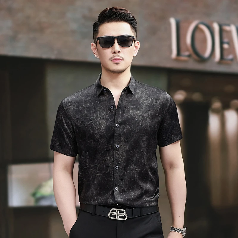 石头纹男士桑蚕丝夏季高档衬衫男装短袖真丝花衬衣缎面丝绸5213