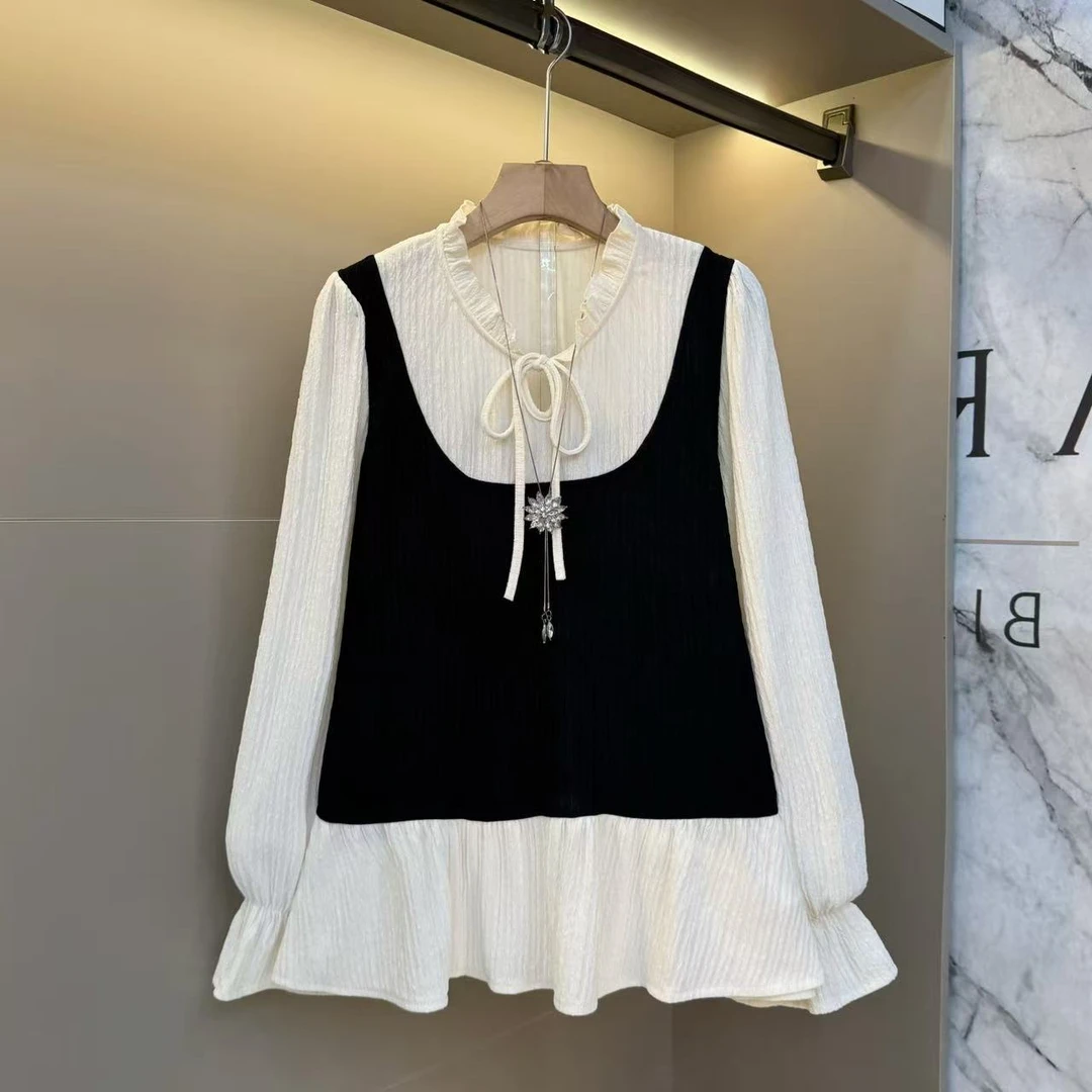 2025秋洋气时尚欧货显瘦木耳边绝美收腰显瘦胖mm百搭上衣716