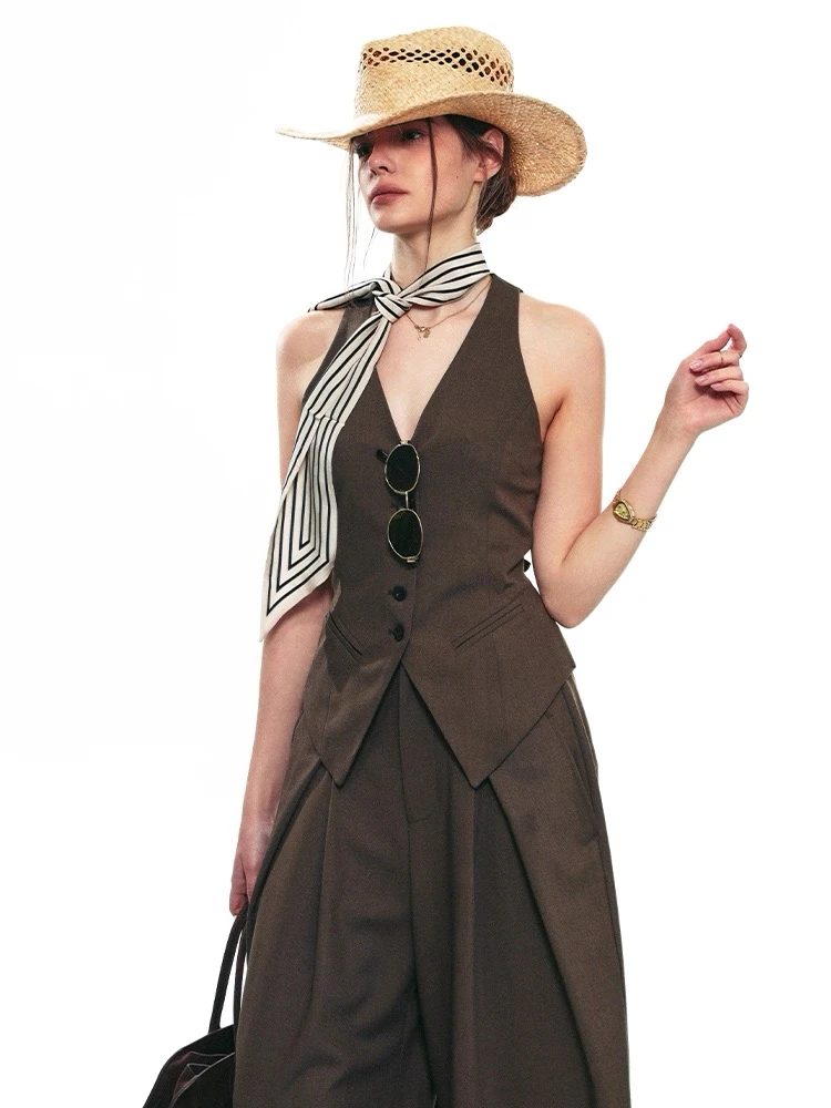 【bbo推荐】夏季新款法式v领无袖设计感休闲修身马甲套装