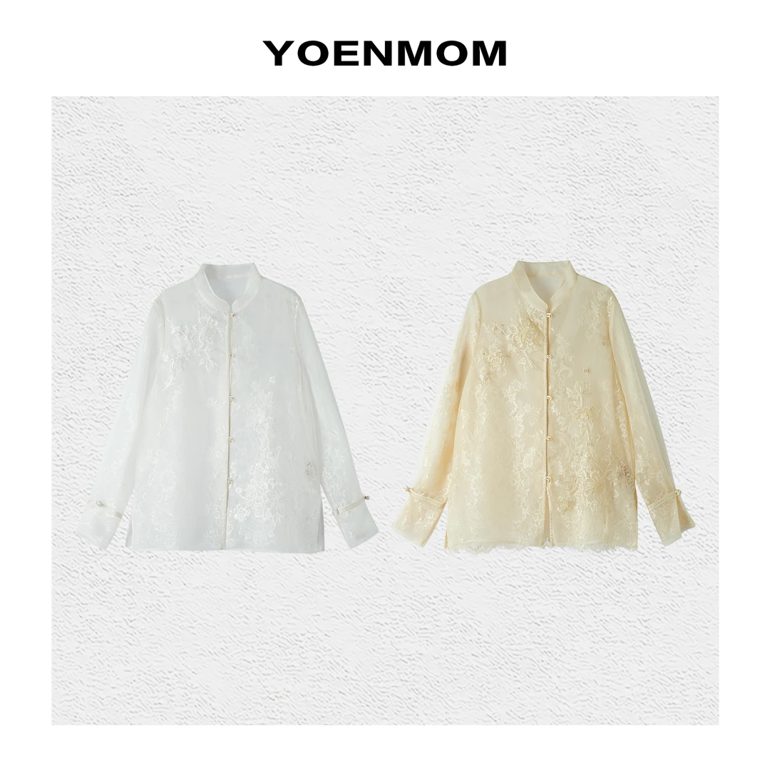 YOENMOM·悦芳华·春季新品 100桑蚕丝欧根纱蕾丝双层设计国风衬衫