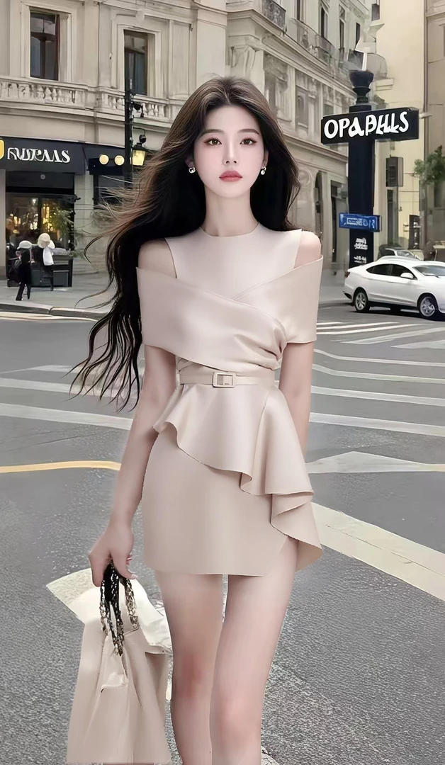 温柔知性风杏色圆领露肩短袖收腰包臀显瘦连衣裙女小众高级氛围感
