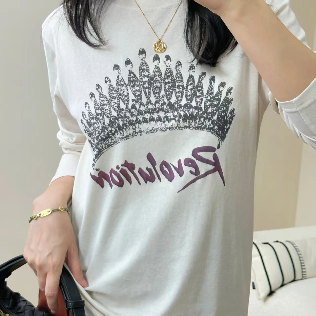 FERCOO初秋新款舒适百搭皇冠印花高捻长绒棉舒适圆领长袖女T恤