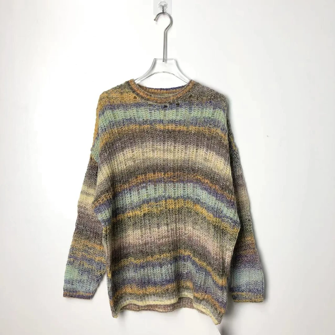 ML2088【品牌撤柜】时尚优雅黄色百搭圆领彩色条纹镂空上衣