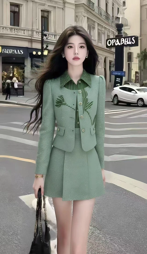 英伦风通勤时尚套装绿色设计感轻奢两件套长袖修身显瘦中腰女装