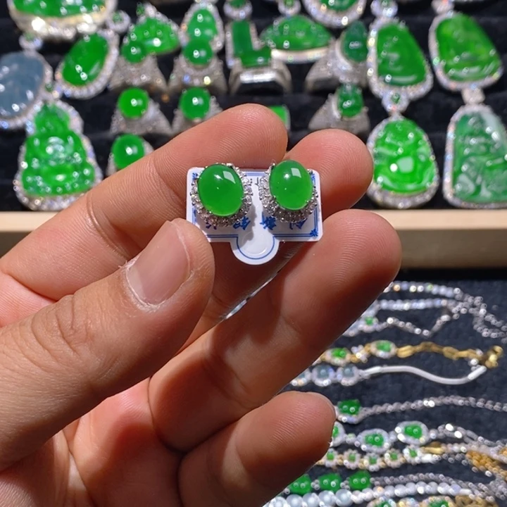 翡翠耳饰银S925镶嵌天然A货翡翠