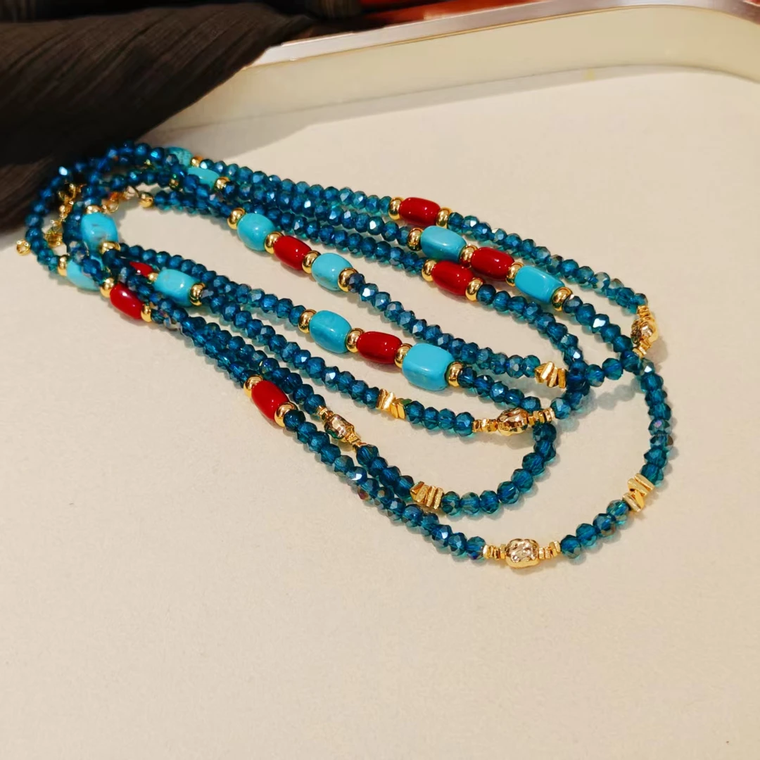 钛钢石英石项链 时尚百搭长款蓝色珠珠复古国风毛衣项链XL529