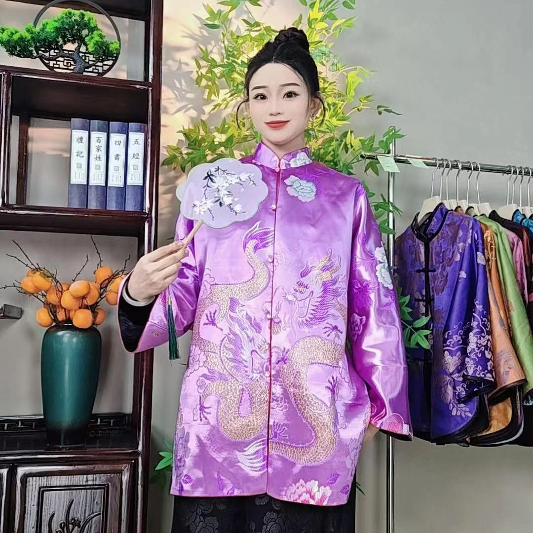 国风新中式女装长袖真丝老软缎老织锦提花时尚重磅丝缎