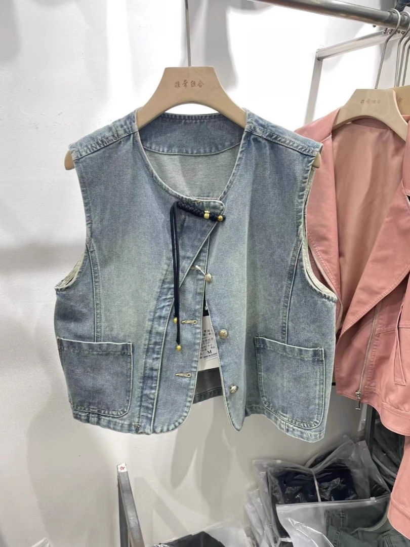 2025夏新中式设计感国风牛仔马甲外套女港味无袖盘扣坎肩外穿外套