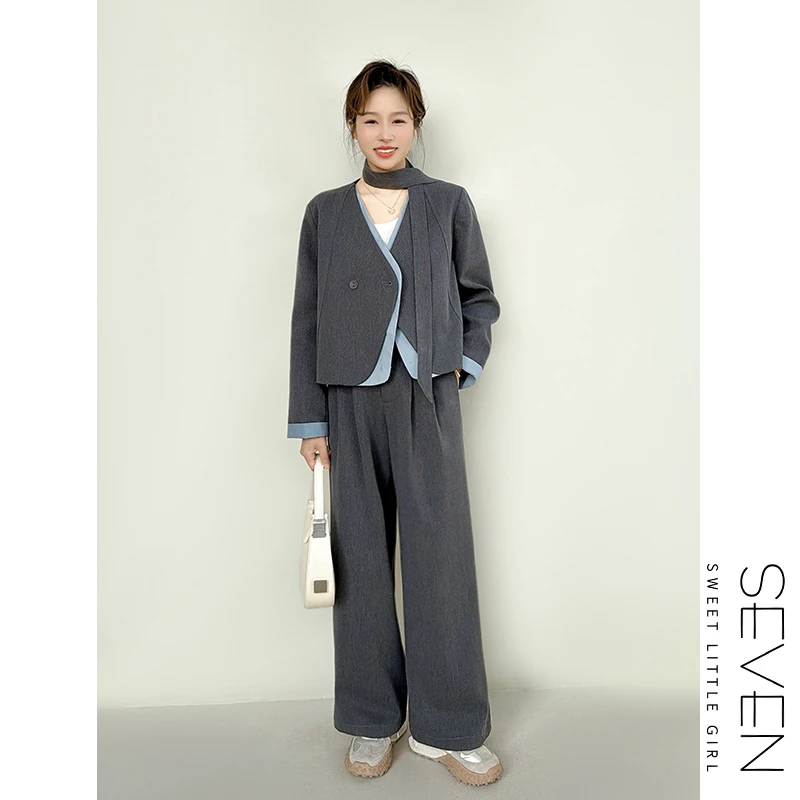 13③七七146小个子飘带拼接无领西装套装女春夏新款两件套小美说