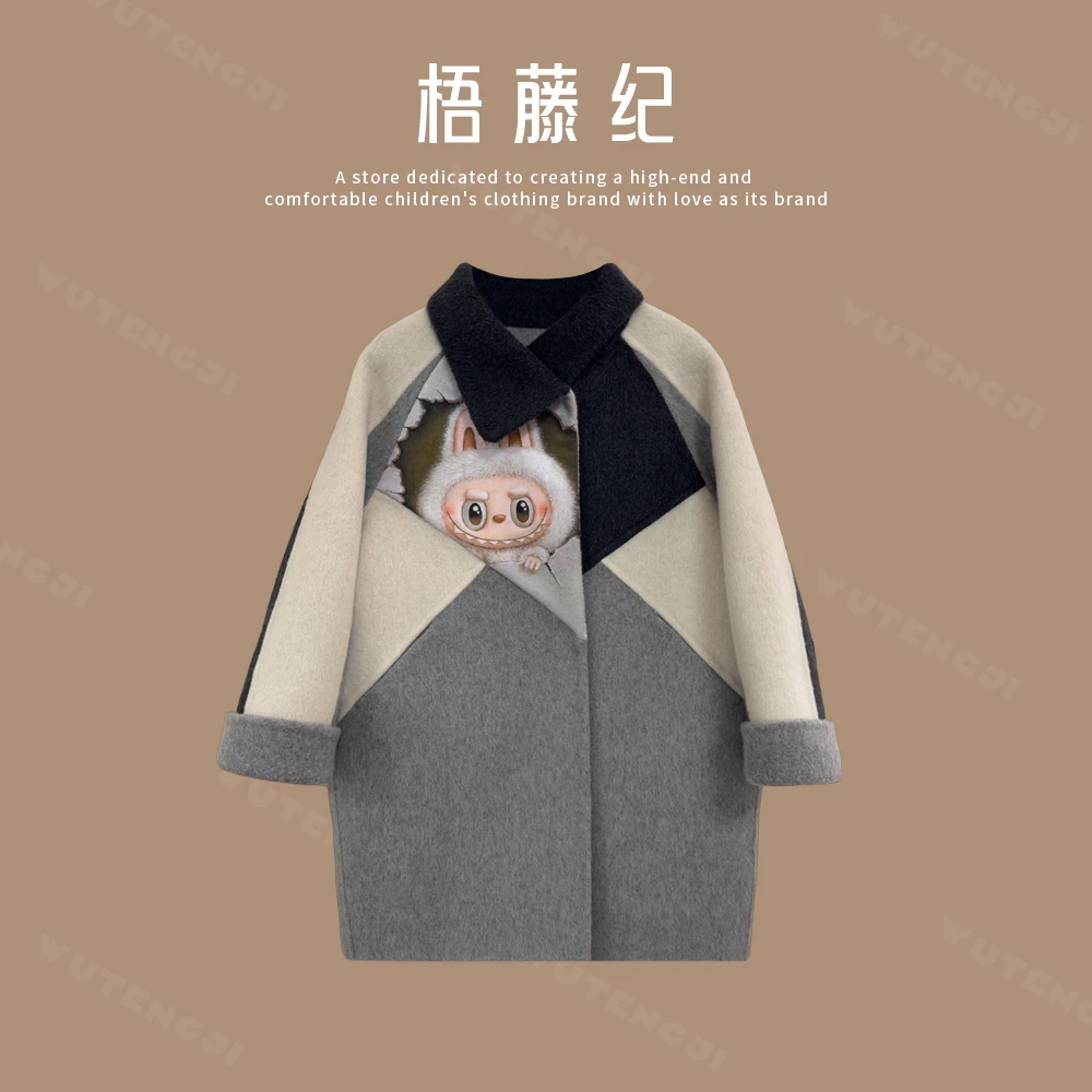 现货【露茸】儿童撞色拼接毛呢大衣秋冬卡通图案翻领外套25DY086