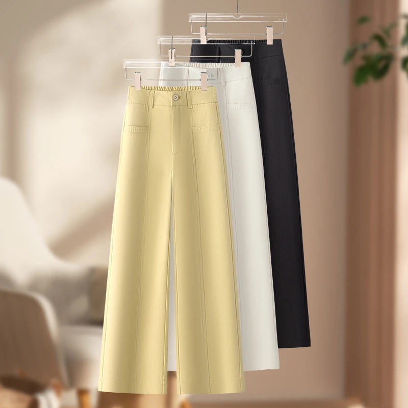 柠檬黄休闲莱赛尔直筒裤女2025夏季新款宽松显瘦九分窄版阔腿裤子