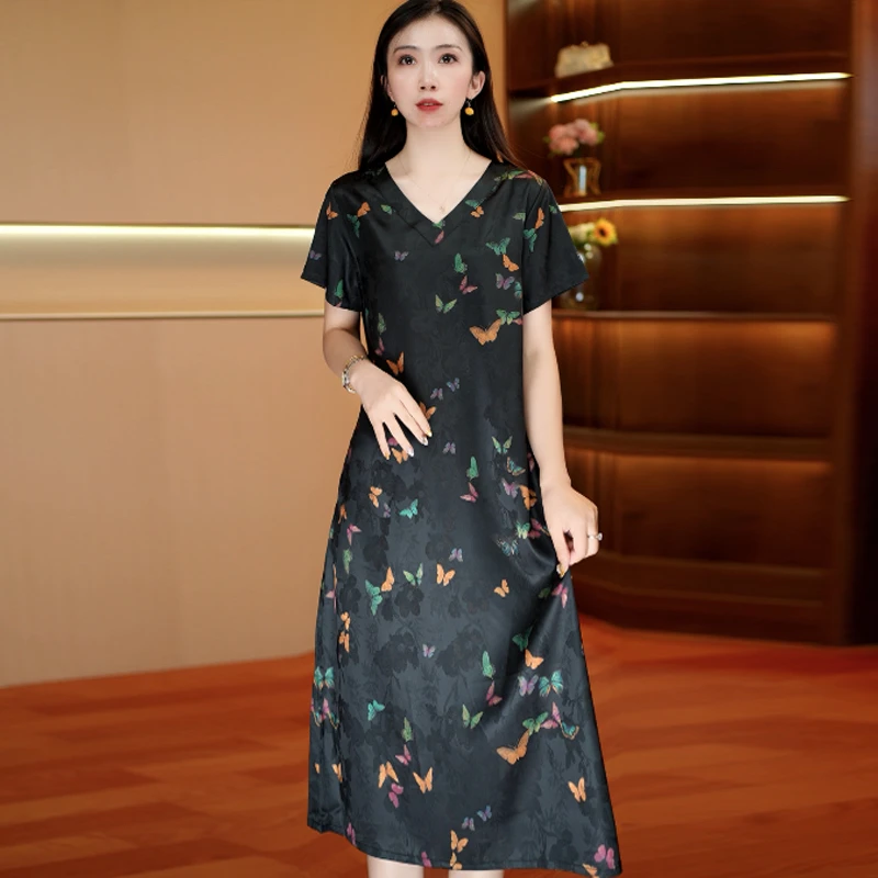 黑蝶彩韵 时尚中长款夏季连衣裙百搭连衣裙