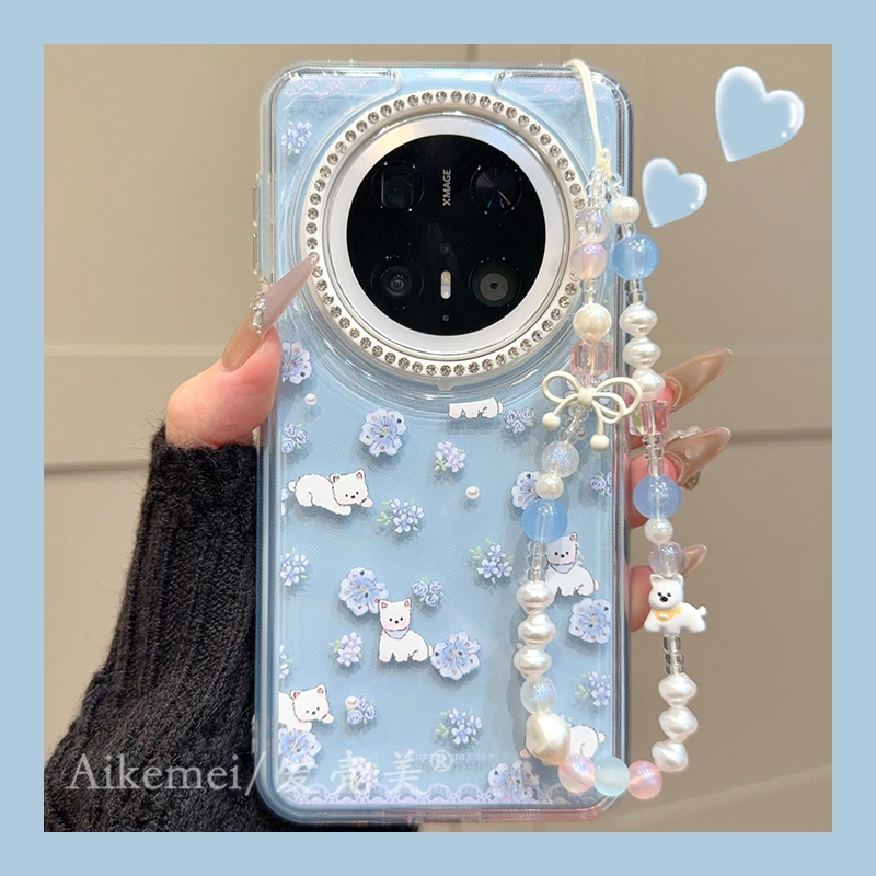 适用华为mate70pro+手机壳蓝色花朵mate60pro+西高地狗狗水钻镜头