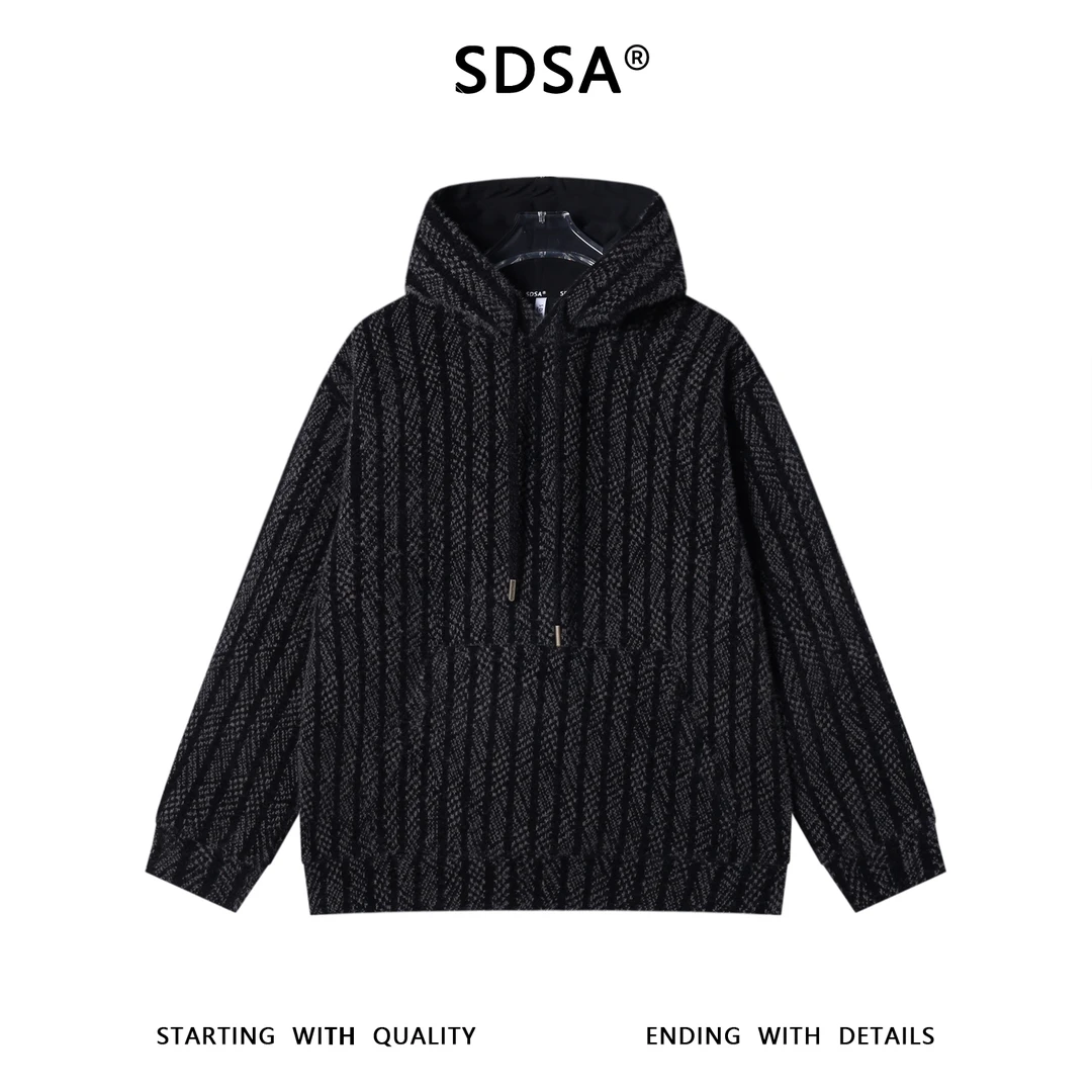 SDSA男士秋冬新款痞帅男装高街撞色竖纹抽绳连帽卫衣简约宽松上衣