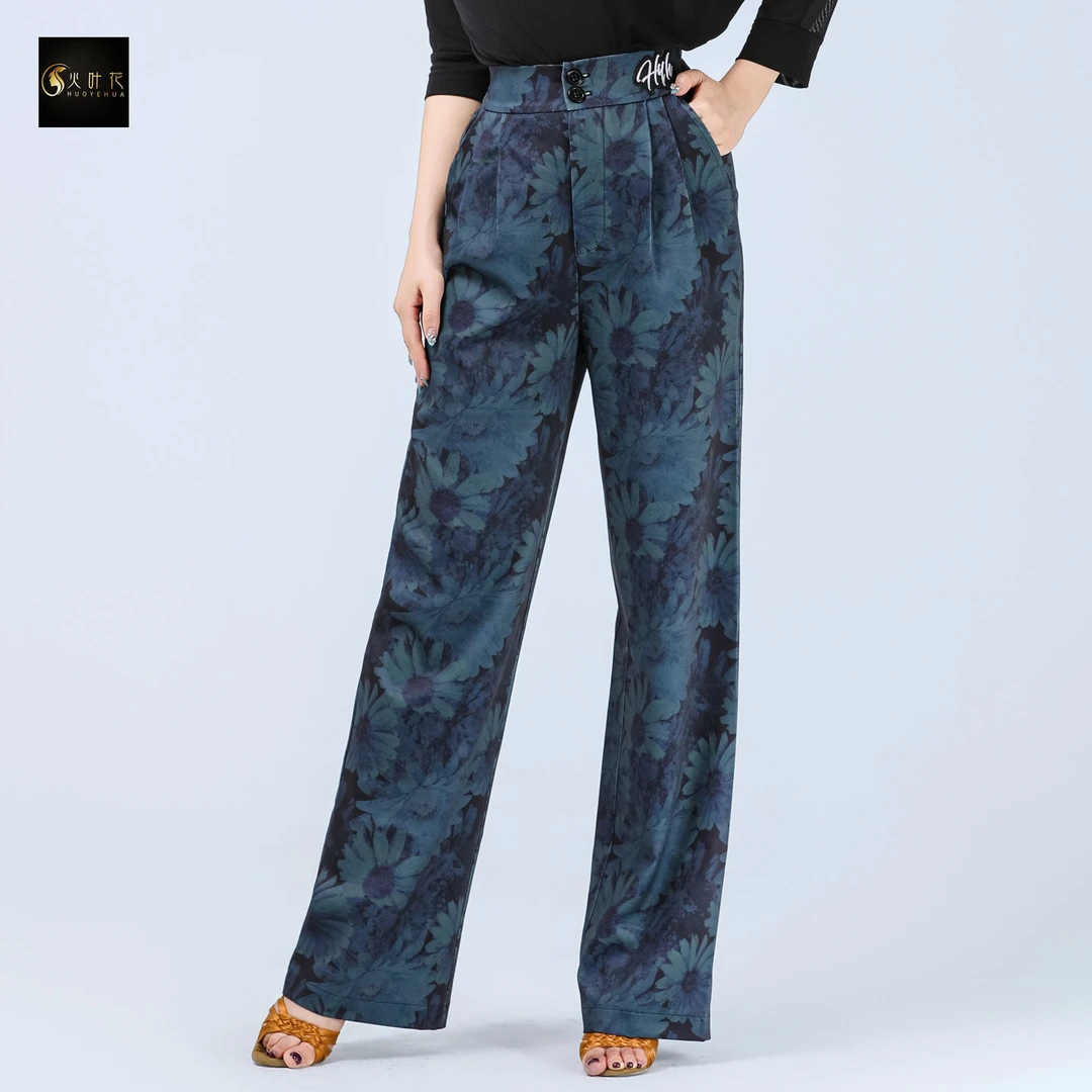 火叶花女士跳舞专用裤子拉丁舞长裤松筋腰摩登国标舞直筒教师舞裤