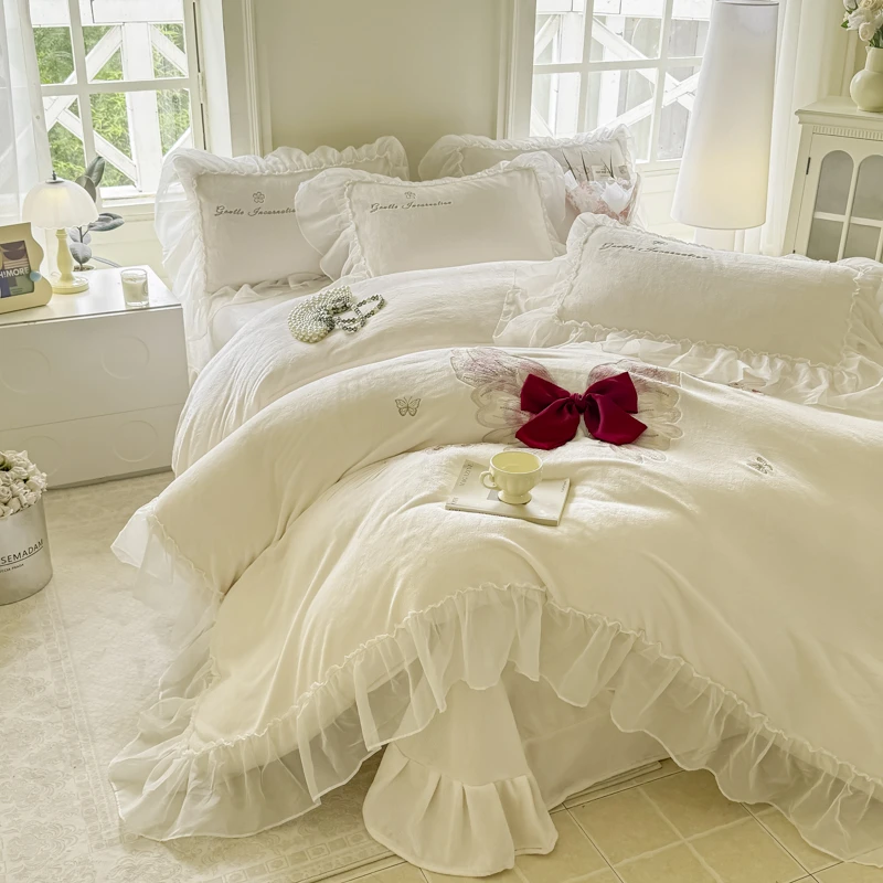 法式花边款加厚牛奶绒宝宝绒四件套床上用品被套加绒双面绒