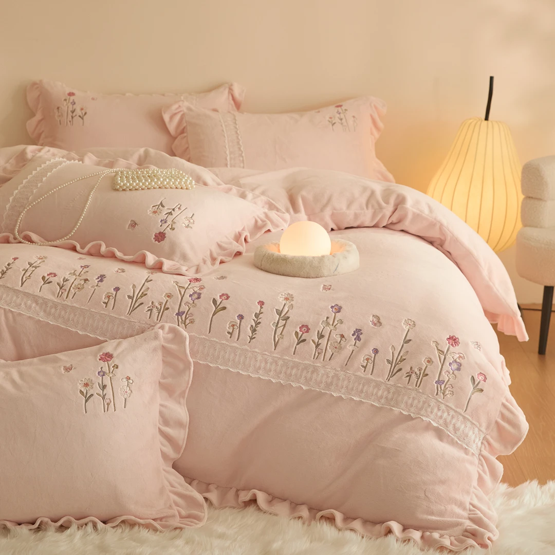 10高端全消光牛奶绒加厚四件套公主风绣花小清新韩版加绒少女心G
