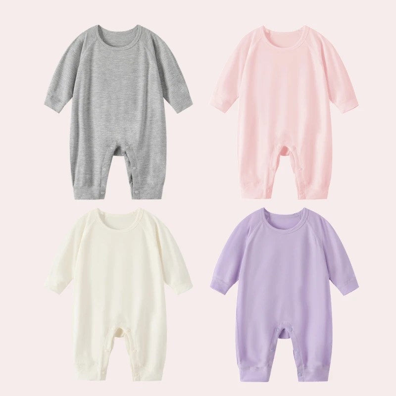 婴儿连体衣纯色夏季薄款宝宝无骨哈衣睡衣长袖空调爬服新生儿衣服
