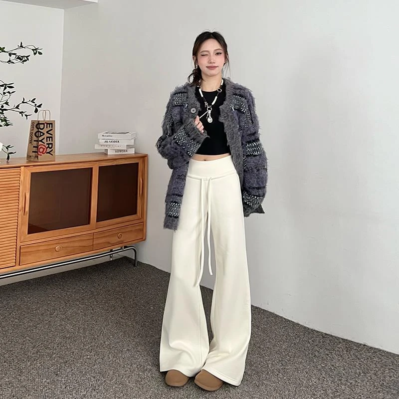 美式抽绳宽腰毛呢裤女2024冬季新款加绒百搭休闲裤垂感显瘦喇叭裤