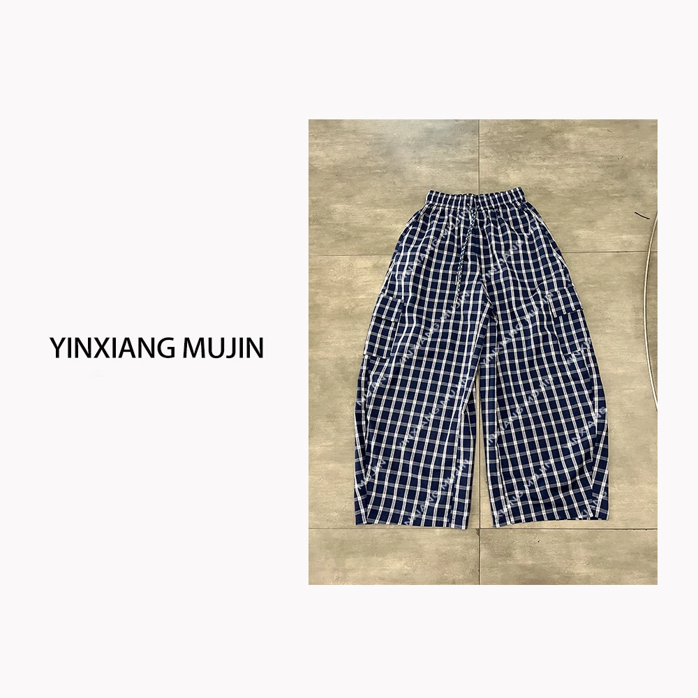 【YINXIANG MUJIN】工装格子裤 夏季蓝格宽松百搭休闲裤女格纹长裤