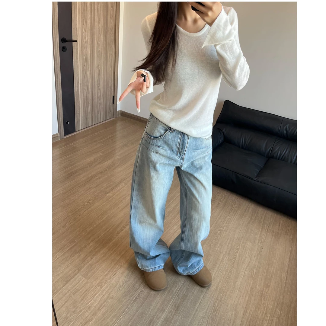 浅蓝色高腰阔腿裤子设计感显腿长2025秋冬季新款直筒弯刀牛仔裤女