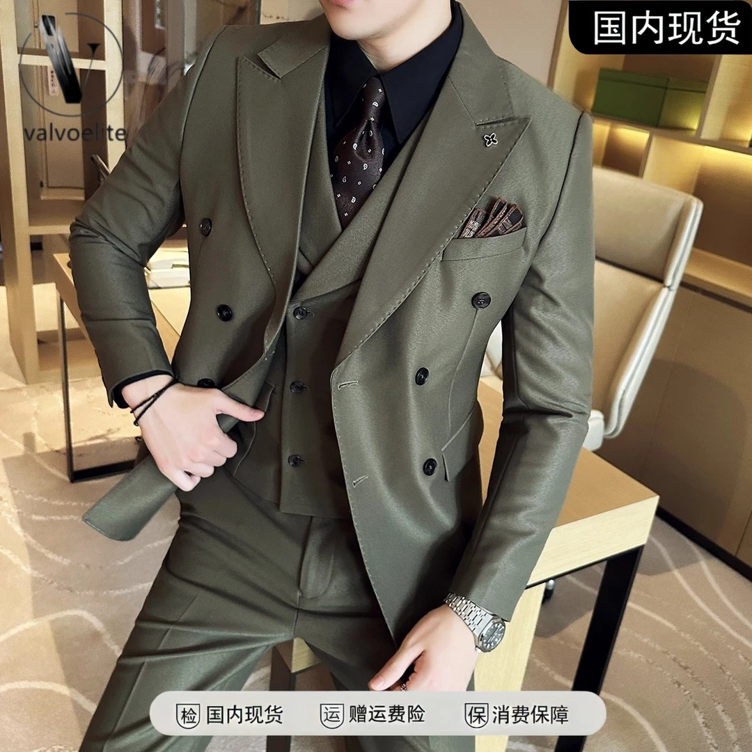 橄榄绿多色双排扣西装男套装修身正装高档结新郎男士修身西装套装
