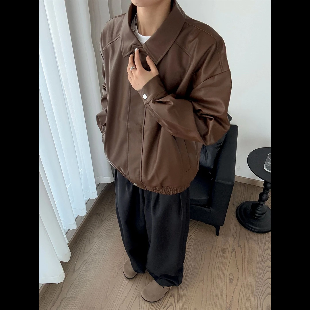 美拉德棕咖色短款皮衣夹克男秋季美式pu皮复古外套情侣机车飞行服