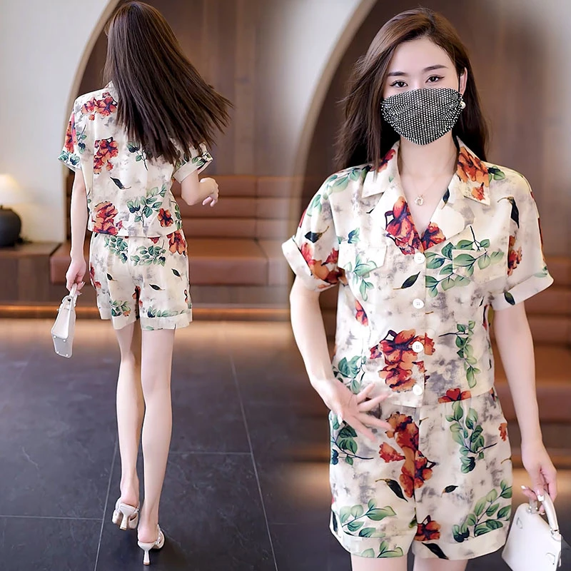 韩版宽松水墨印花半袖西装外套+高腰短裤时髦减龄两件套女夏套装