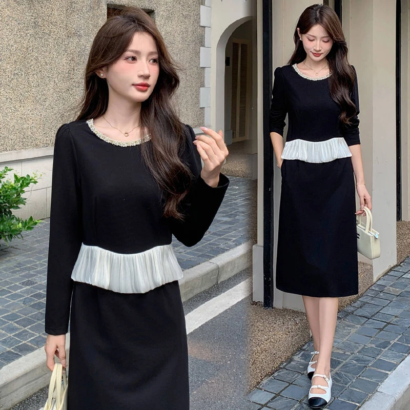 长袖短袖长裙秋季拼接优雅2025秋季新款连衣裙气质显瘦时尚自发热