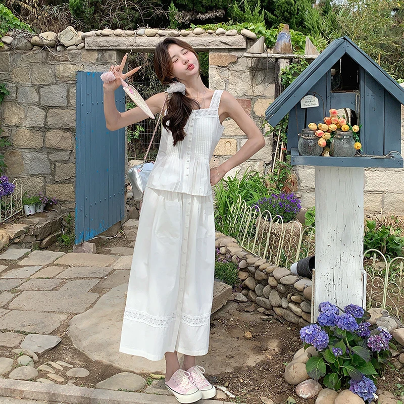 白色初恋甜美减龄度假套装新款无袖吊带半身裙两件套连衣裙女夏季