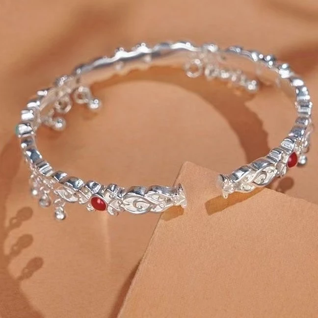 足银手镯 999.9【S165】新中式铃铛珐琅开口手镯经典百搭款