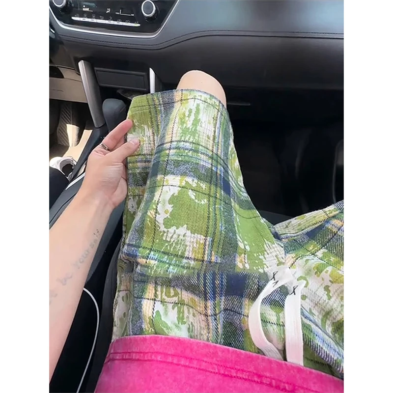 浅绿色扎染格子短裤男夏季潮牌美式复古格纹裤子休闲运动五分中裤