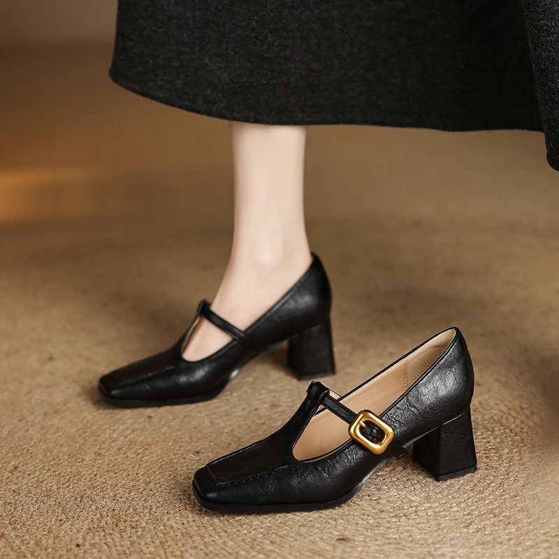 真皮复古玛丽珍鞋女2025年春季新款百搭浅口一字带单鞋气质高跟鞋