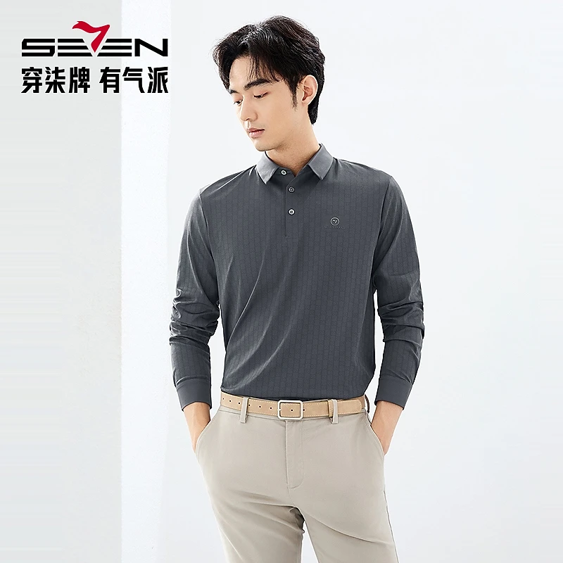 【无缝】柒牌2025春季新品polo衫男长袖时尚潮流字母满印翻领上衣