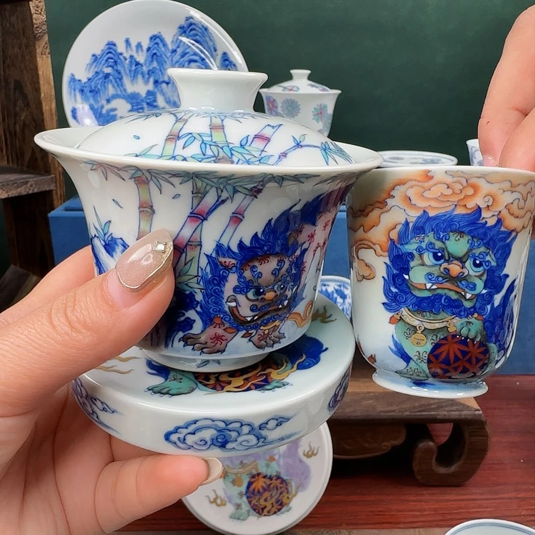 生***宝景德镇狮子盖碗盖置杯子套系