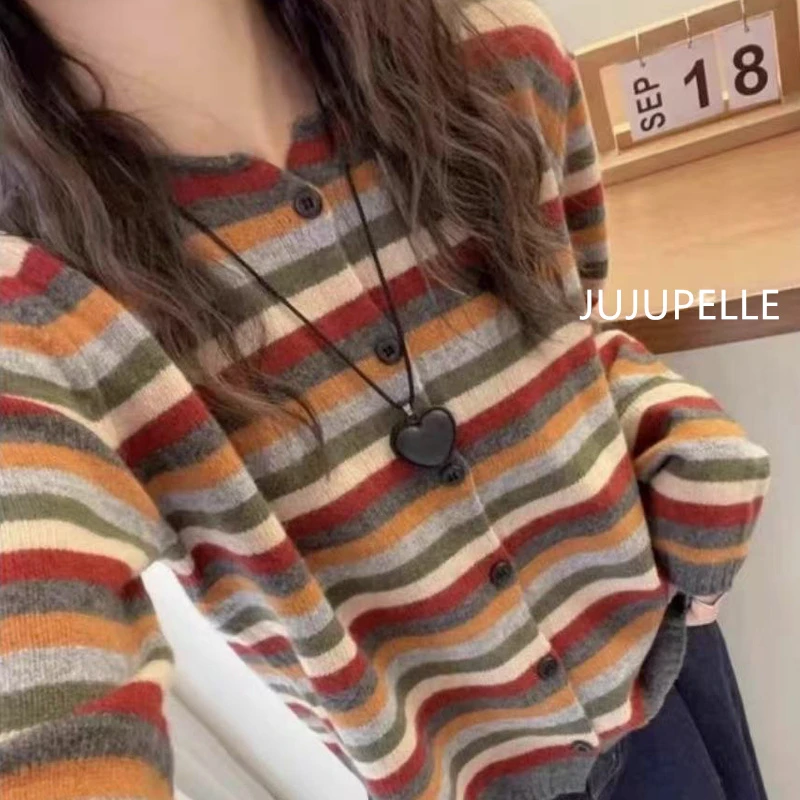 早春新款设计感彩色条纹长袖针织开衫休闲百搭毛衣女士上衣针织衫