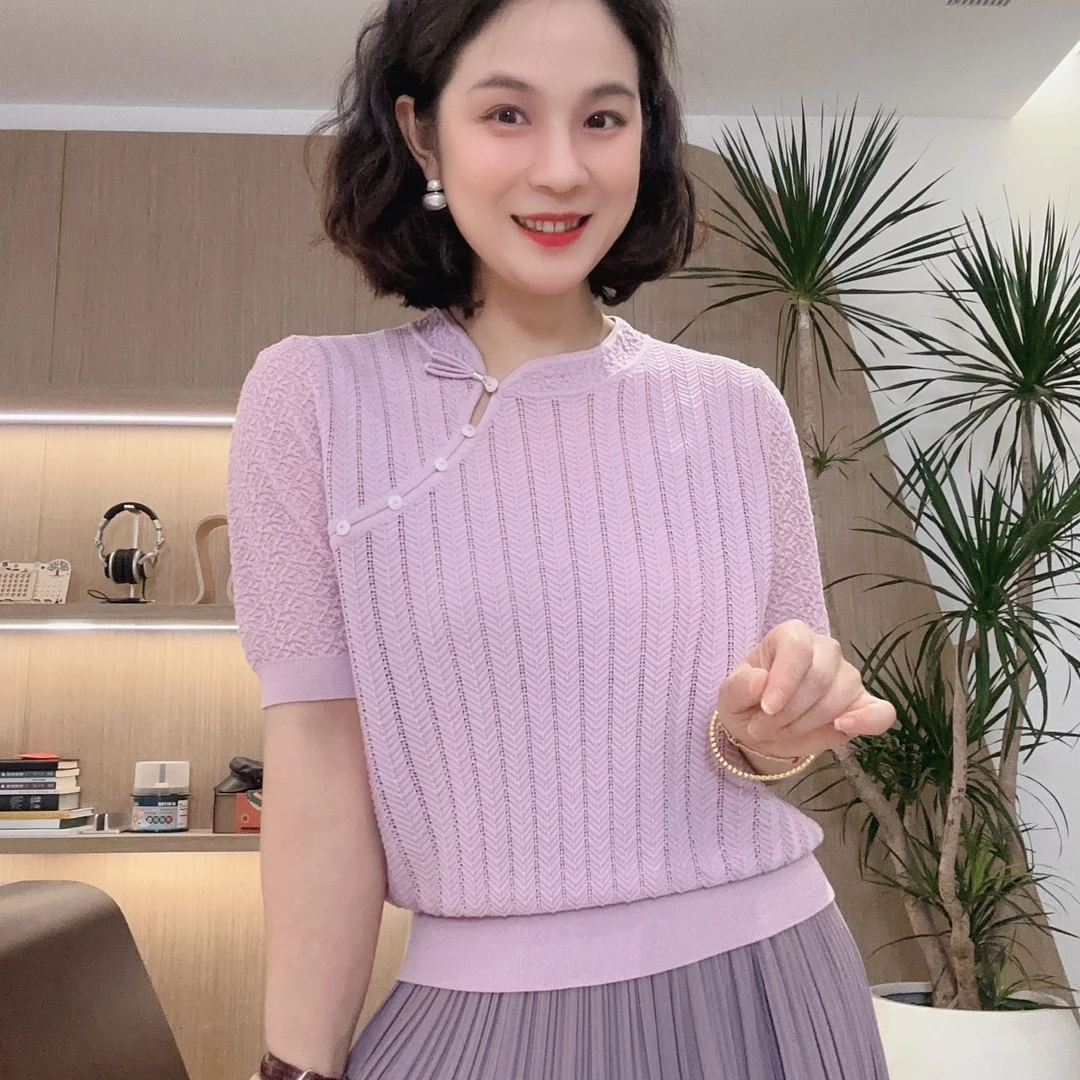 国风旗袍领短袖针织套头衫夏季显瘦气质时尚百搭#GT7975