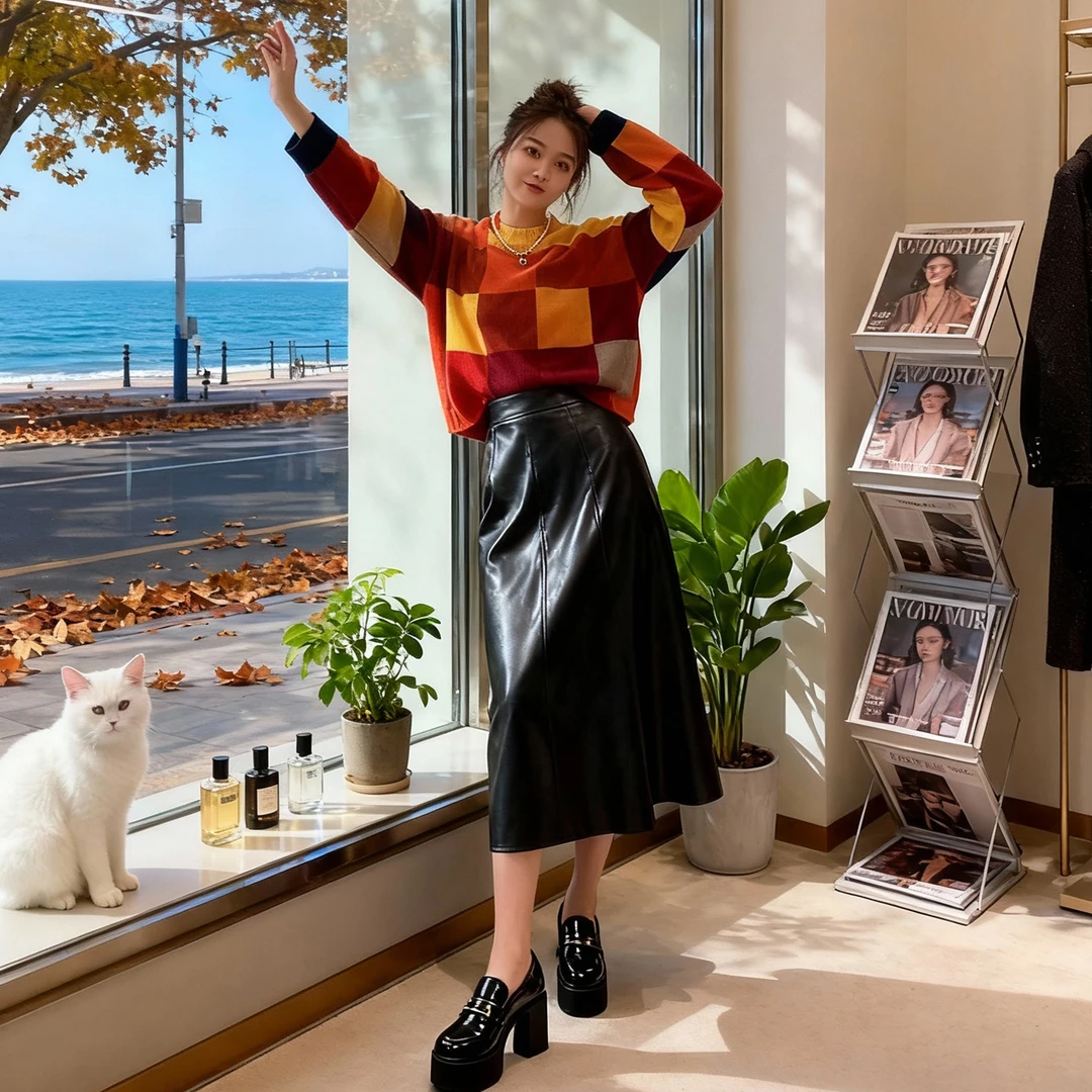 明星同款美拉德穿搭格子毛衣女秋冬设计感拼接时尚套头针织衫上衣