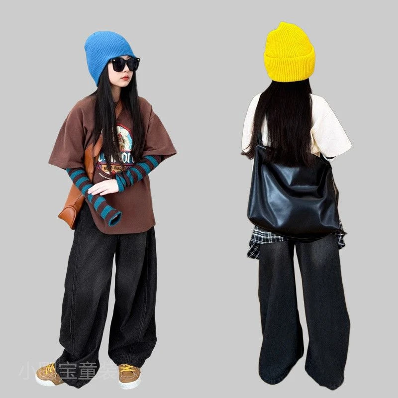 女童春秋季2025新款休闲韩版洋气时尚假两件打底衫牛仔裤两件套潮