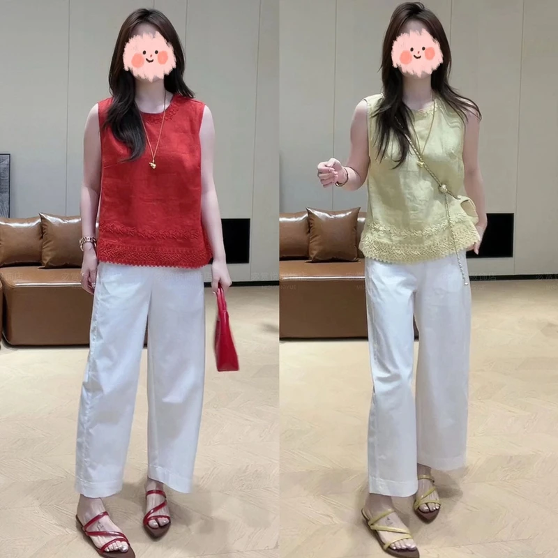 夏季新款新中式刺绣花边圆领无袖宽松百搭上衣套装高腰直筒休闲裤