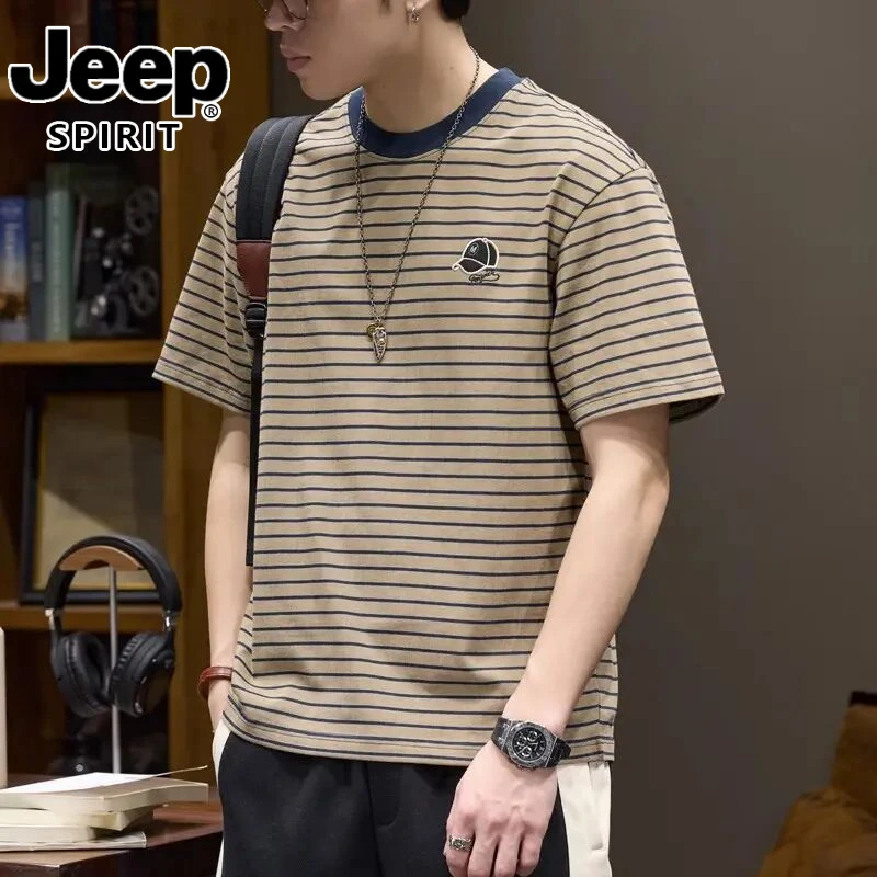 jeep吉普简约百搭细条纹短袖T恤男夏季复古领口撞色拼接休闲上衣