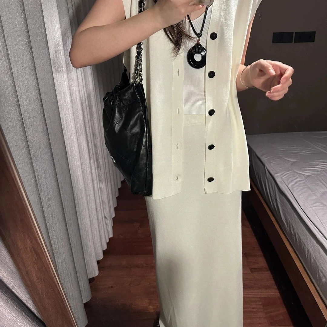 1082高级松弛感休闲套装女夏季极简风宽松马甲背心半身裙两件套