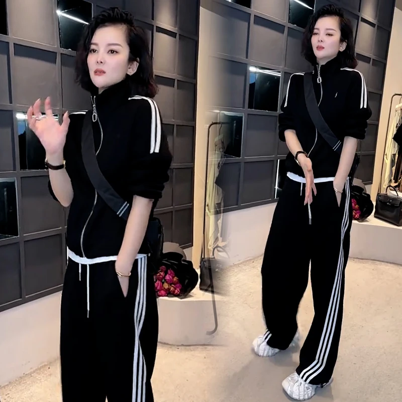 休闲运动套装女新款时尚洋气显瘦条纹立领开衫阔腿裤两件套女装潮