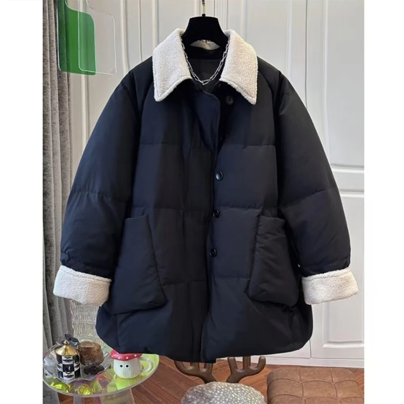 韩版撞色翻领休闲百搭棉服外套秋冬新款大码胖MM加厚保暖棉衣棉袄