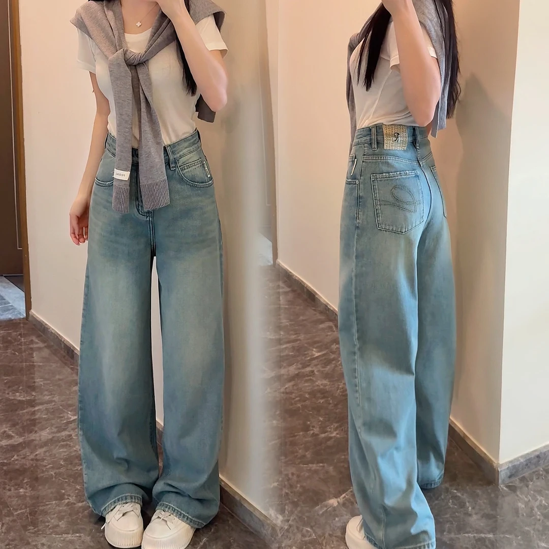 小鱼故事2025春季新款阔腿牛仔裤高腰显瘦百搭设计感拖地裤女女款